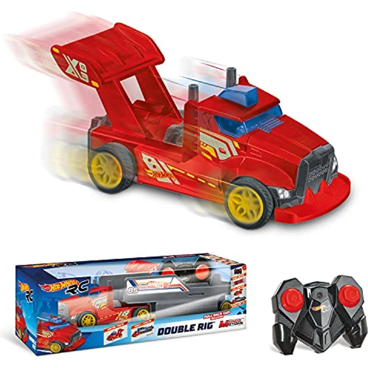 Mondo Hot Wheels Double Truck Camión teledirigido, 2-in-1-Renntruck mit abnehmbarem Anhänger und Rückwärtsfunktion, Farbe (63681) – Bild 3