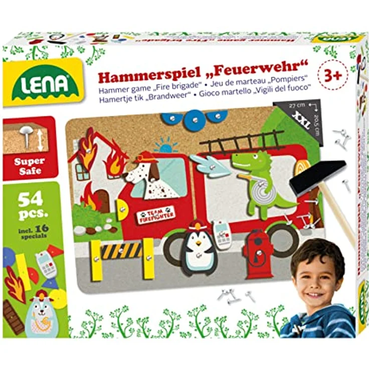 Lena 65836 - Hammerspiel Feuerwehr, Nagelspiel mit 38 farbigen Teilen & 16 Sonderteile, XXL Grundplatte aus Kork ca. 28 x 19,5 cm, Hammer und Nägel, Klopfspiel für Kinder ab 3 Jahre, Hämmerchenspiel – Bild 2