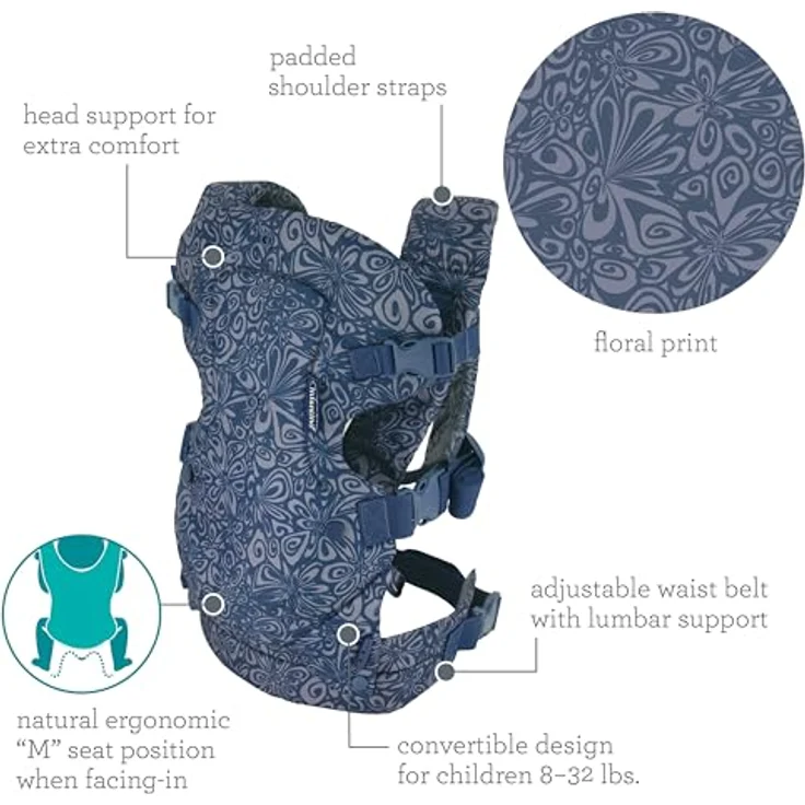 Infantino BKids Babytrage Flip Advanced - Navy Floral, 4-in-1 Trage ab Geburt (3,6 - 14,5 kg), ergonomisch und pflegeleicht – Bild 6