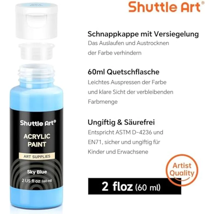Shuttle Art Acrylfarben-Set, 25 Farben, 60 ml Flaschen, wasserfest mit 3 Pinseln & 1 Palette, hochpigmentiert für Künstler und Anfänger, geeignet für Leinwand, Holz, Keramik und Stoff – Bild 3