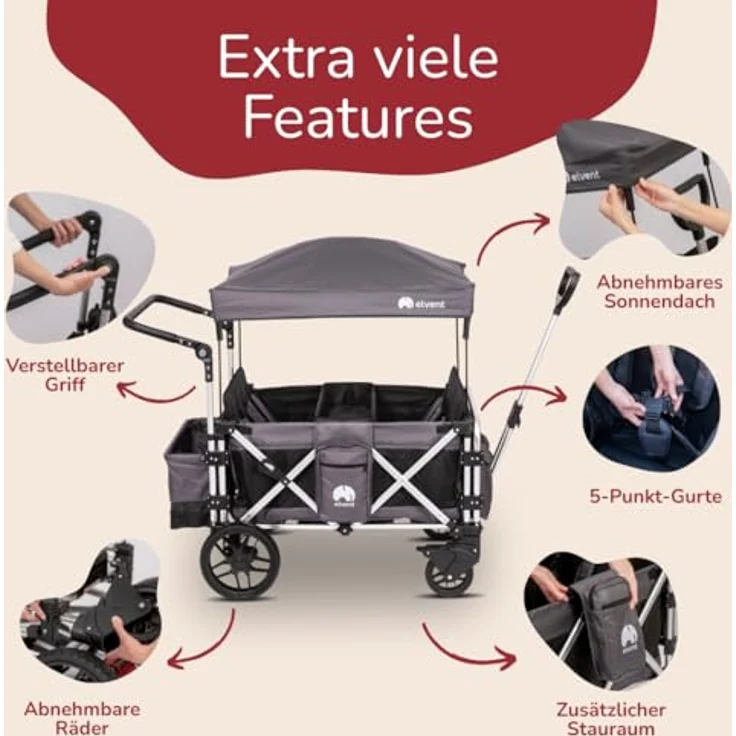 elvent FamilyStar 4 Kinderwagen 4-Sitzer – leicht, faltbar, bis 80 kg, viel Platz, Sonnendach, Sitzpolster, 5-Punkte-Gurt – Bild 4