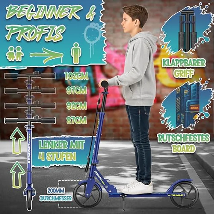 RE:SPORT Cityroller RE:SPORT® Trailz Scooter, höhenverstellbar & klappbar, 200mm große Räder, inkl. Tragegurt und Klingel, max. Belastbarkeit 100 kg – Bild 3