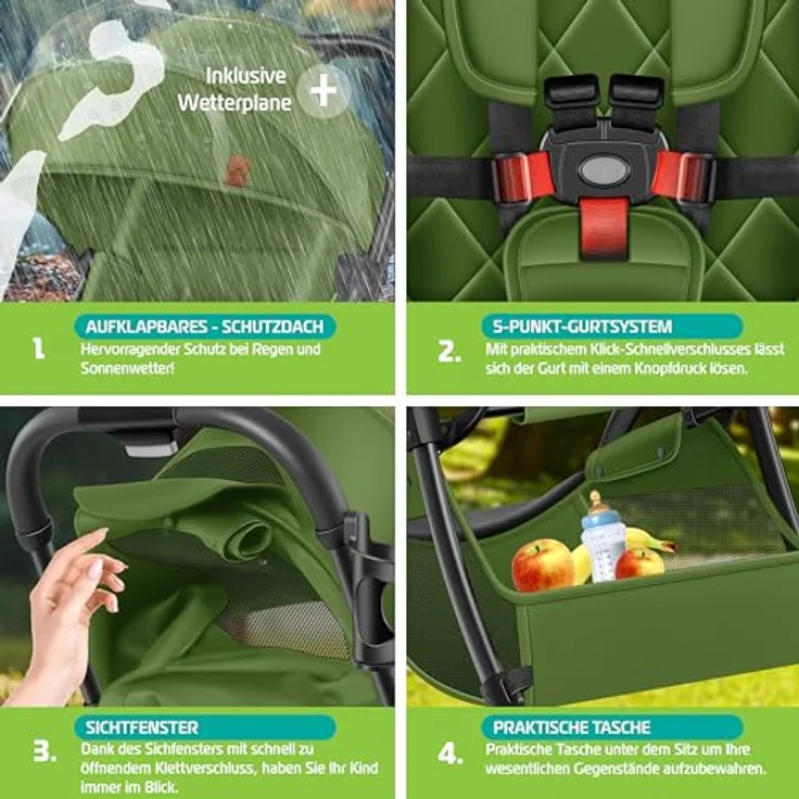 KIDIZ® Kinderwagen Premium Kinderbuggy klappbar, Liegebuggy mit 360° Rädern, 5-Punkt Gurt, Getränkehalter & Regenabdeckung, verstellbare Rückenlehne & Sonnenverdeck, Khaki – Bild 4
