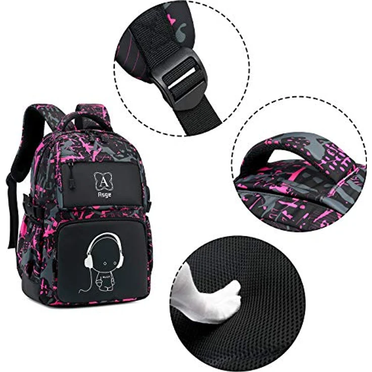 Asge Schulrucksack Mädchen, reflektierende Schultasche aus wasserabweisendem Oxford-Material, ergonomisches Design, inklusive Federmäppchen, ideal für Schule und Outdoor Aktivitäten – Bild 3