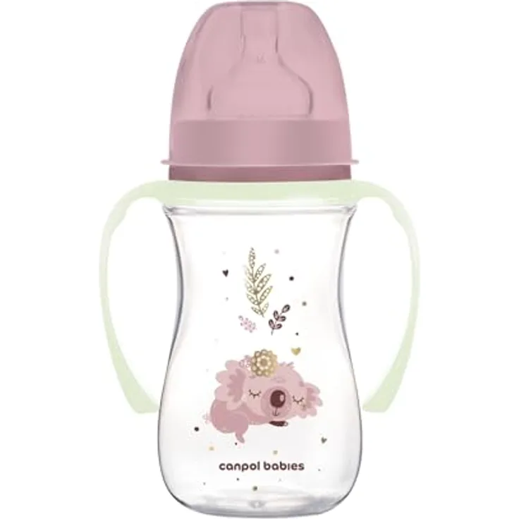 Canpol babies EasyStart Anti-Kolik-Flasche 240 ml mit Sauger 3+m - Kollektion Sleepy Koala - mit leuchtenden Griffen - Rosa