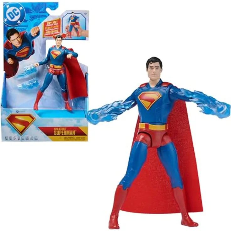 DC Comics Superman Deluxe Action-Figur, 15 cm mit rotem Stoffumhang und 2 Zubehörteilen für epische Battle Moves, Spielzeug für Kinder ab 4 Jahren