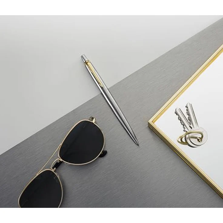 Parker Pen JOTTER Edelstahl G.C., Kugelschreiber mit goldfarbenem Clip, mittlere Strichstärke, blaue Schreibfarbe – Bild 5