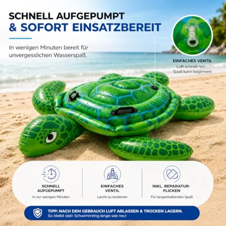 TK Gruppe Timo Klingler XXL Schildkröte aufblasbar Schwimmring, grün, Ø 150 cm, robuste Luftmatratze für Pool und Wasser, geeignet für Erwachsene und Kinder – Bild 3