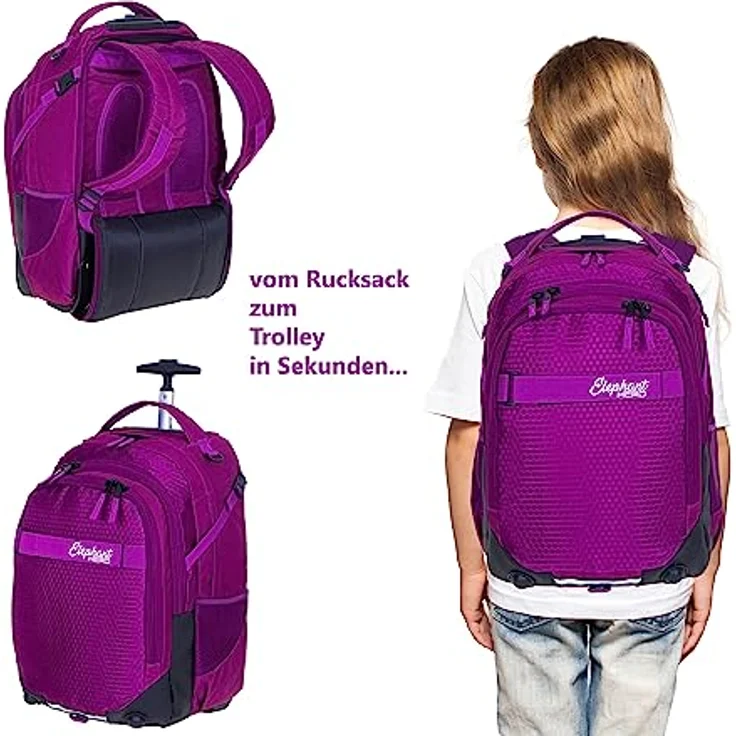 Elephant 3 Teile Set Trolley Hero Signature Schultrolley Schulranzen Trolly Sporttasche Mäppchen 12800 (Wild Berry Violett) - Umfangreicher Schulranzen mit 35L Stauraum und Alu Ausziehgriff – Bild 5