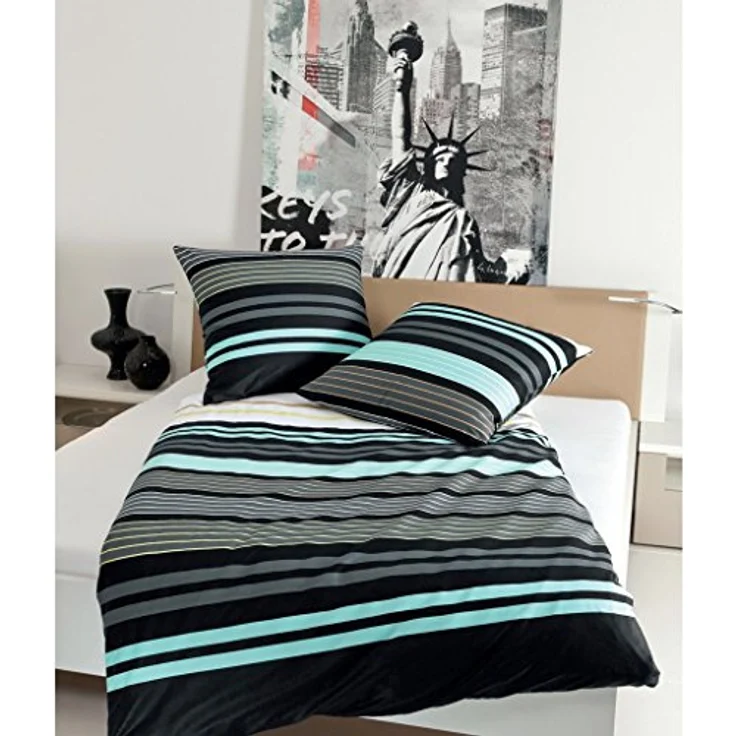 Janine Bettwäsche J.D. 8464 02 Aqua Graphit Streifen Mako Satin, 100% Baumwolle, Größe: 200x200 cm + 2 x 80x80 cm – Bild 3