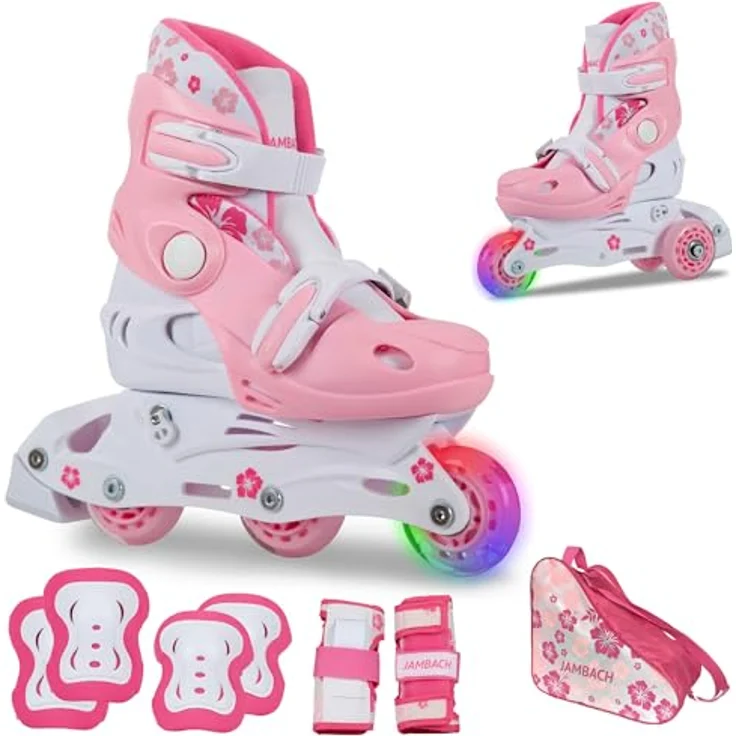 JAMBACH Kinder Inliner Set mit Protektoren verstellbar zum Rollschuh mit LED rosa (M (34-37)) - Größenverstellbare Kinder Inliner mit blinkenden Rollen – Bild 1