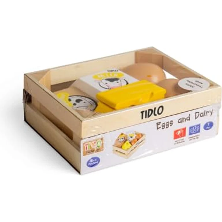 Tidlo Wooden Eggs and Dairy Food Set, Spielzeug für Kaufläden mit 2 Eiern, 2 Käse-Stücken, Butter und Milch, geeignet für Kinder ab 3 Jahren – Bild 3
