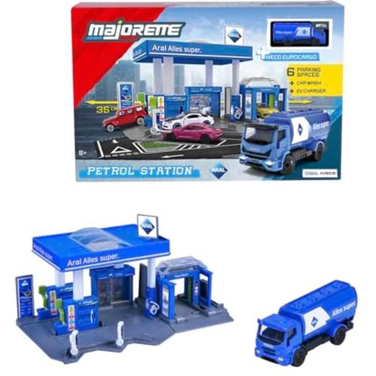Majorette Petrol Station ARAL, Spielzeug-Tankstelle mit Waschanlage, Shop und Zapfsäulen, inkl. Spielzeugauto, 17x28x10 cm, blau – Bild 1