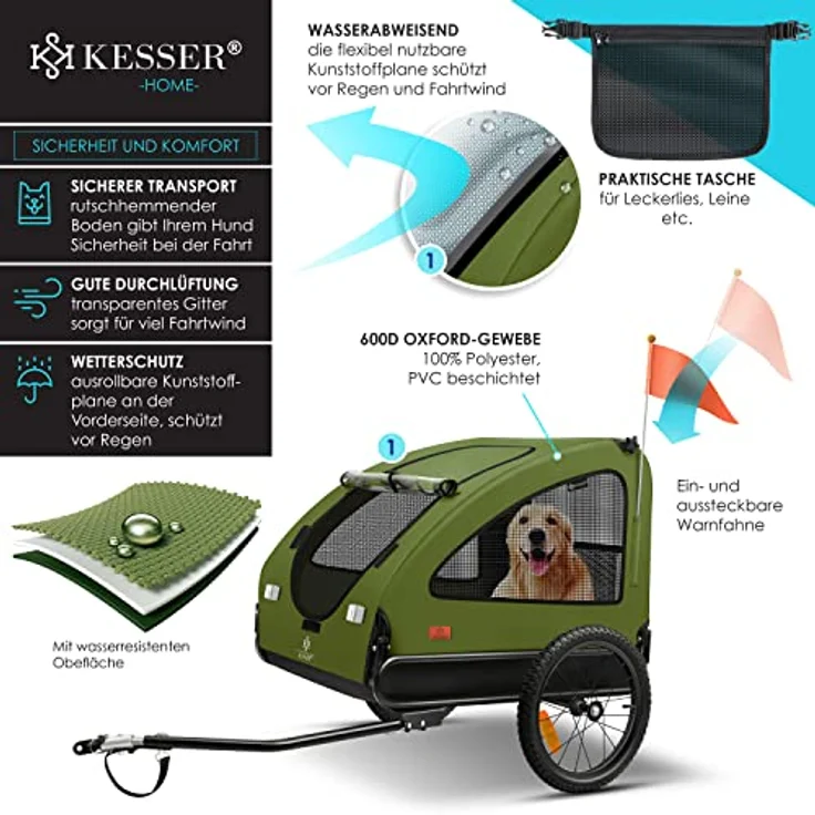 KESSER® Hundeanhänger Boxer 2-in-1 Hundebuggy Fahrradanhänger groß ca. 250L Volumen - Inkl. Fahne und Tasche - 600D Oxford Canvas, Klappbar SmartSpace Concept, maximale Belastbarkeit: 45kg Khaki / Schwarz – Bild 4