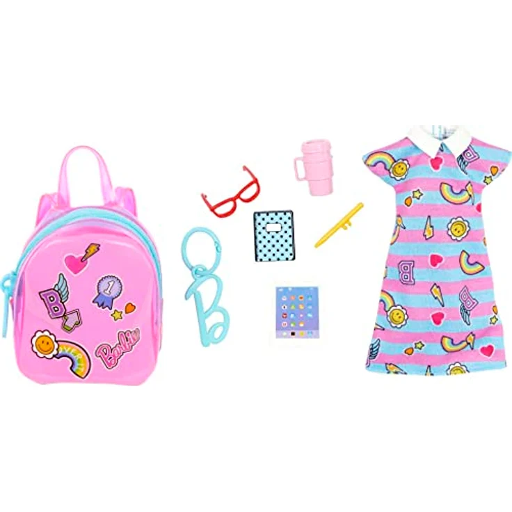 Barbie Kleidung Deluxe Clip-On Tasche mit Schuloutfit und fünf thematischen Accessoires Puppen, Mehrfarbig, Modern – Bild 1