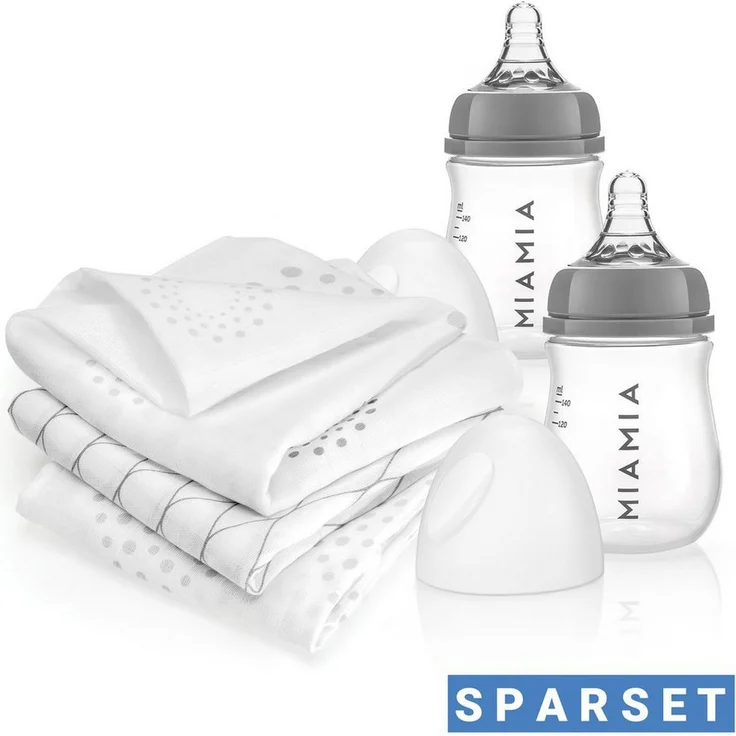 MiaMia Babyflasche 5-tlg. PP-Flaschen-Set, 140 ml mit Silikon-Trinksauger Größe S und 3er Pack Spucktücher aus 100 % Baumwolle