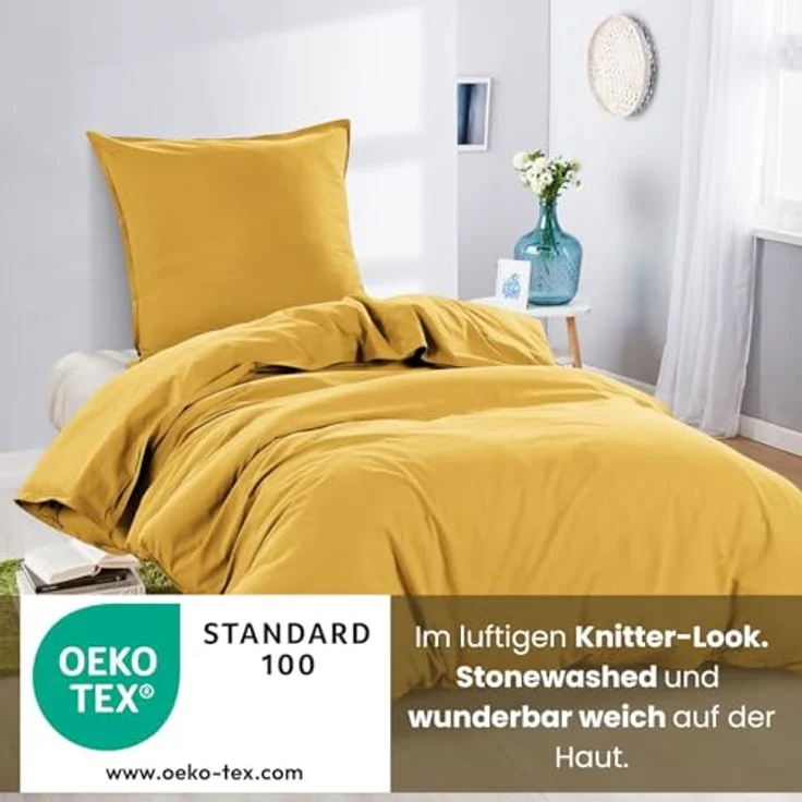 wometo Bettwäsche Renforce Stone-Washed 135x200 & 80x80 100% Baumwolle - gelb senfgelb Curry OekoTex weich modern Used-Look Leinen-Optik – Bild 3