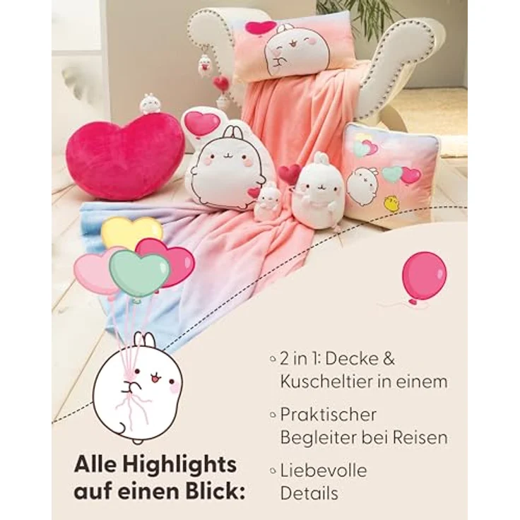NICI Przytuanla MOLANG, 2-in-1 Kuscheltier mit Fleecedecke (175x140 cm), weiß/rot, 35 cm – Bild 4