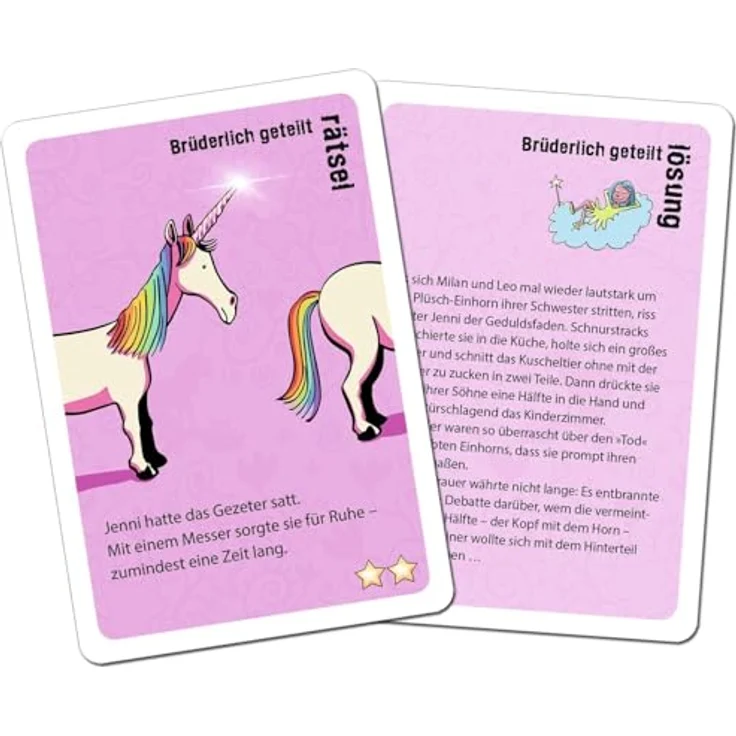 moses 90096 Black Stories Junior Märchenzauber-50 Einhorn Rätsel Kartenspiel mit Spielvariante und Punktechips, für Kinder ab 8 Jahren, Yellow – Bild 4