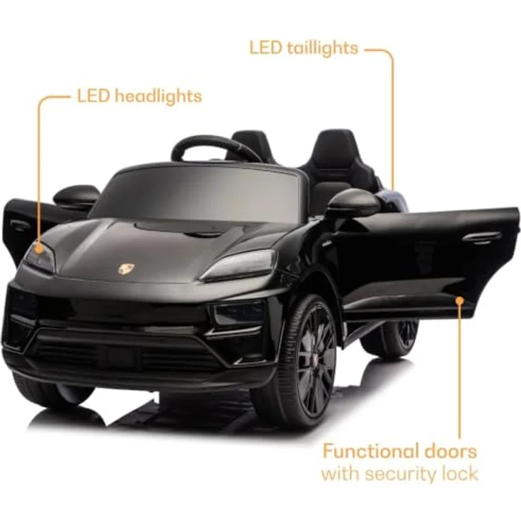 Vrooomy Porsche Macan Turbo Kinder Elektro Auto, 12V mit Fernbedienung, Bluetooth, Soft-Start, EVA-Rädern und Stoßdämpfern – Schwarz, für 1 bis 6 Jahre – Bild 3