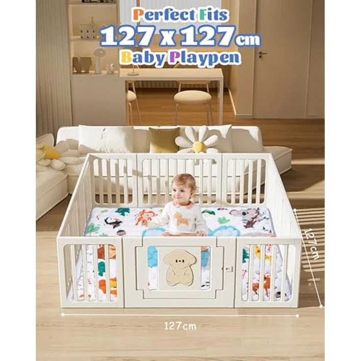 Funsland Krabbelteppich für Baby, Rutschfeste Schadstofffreie Spielmatte 127x127cm aus Baumwolle mit Höhenlineal, Faltbar für Innen/Außen, Bunte Tiermotive – Bild 3