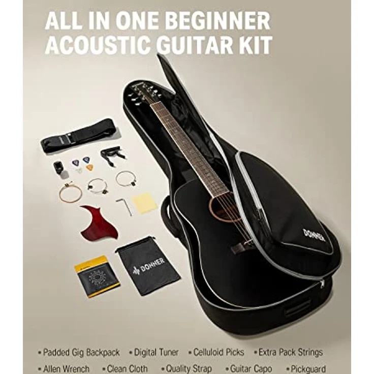 Donner Akustikgitarre Set in voller Größe Akustik Gitarre 4/4 Cutaway Anfänger Erwachsene 41 Zoll mit Gigbag Capo Plektren Gurt Saiten (Schwarz） – Bild 5