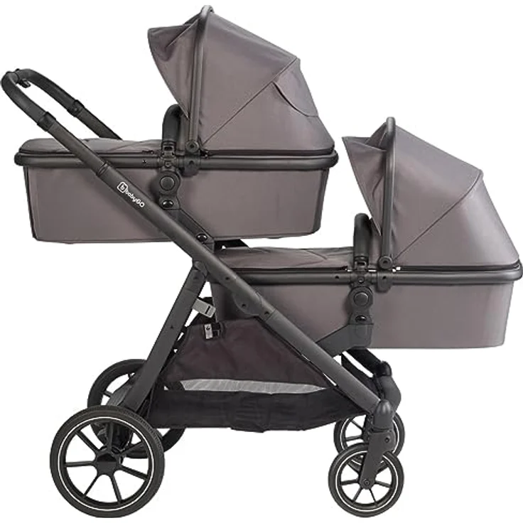 BabyGo Zwillings-Kombikinderwagen Duo, grau, inkl. Wickeltasche u. 2 Regenhauben – Bild 3