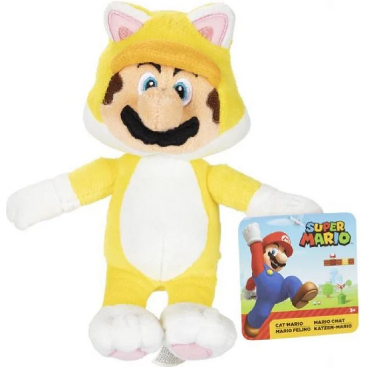 Nintendo Super Mario Plüschfigur Cat Mario, ca. 18 cm, kuschelweicher Plüsch, gelbes Kostüm