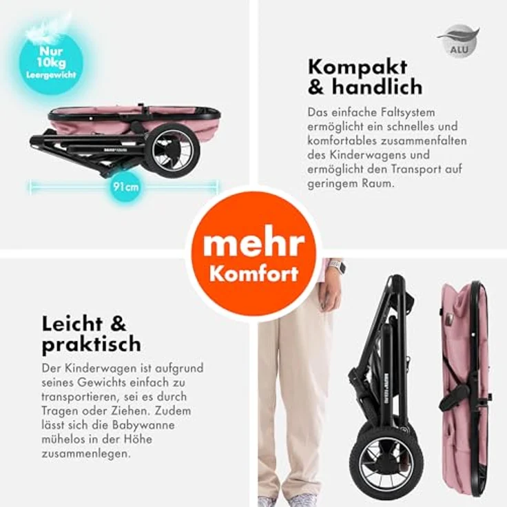 Daliya FLEXI-PRO M 2in1 Kombikinderwagen, leichter klappbarer Buggy mit Liegefunktion, höhenverstellbar und großem Einkaufskorb, rosa Leinen – Bild 6