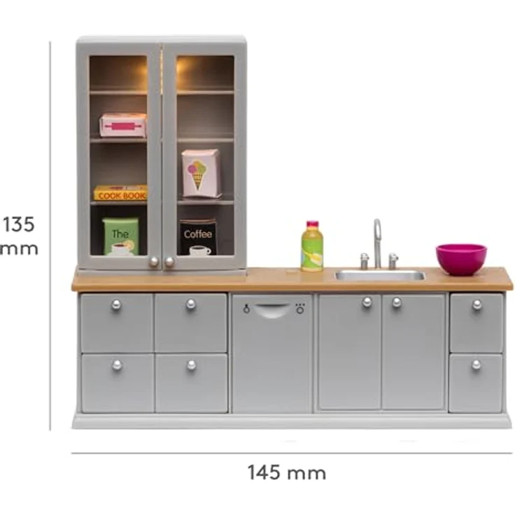 Lundby Puppenhausmöbel Spüle und Spülmaschine im eleganten Grau mit Holzelementen, 8 Teile, inkl. LED-Beleuchtung – Bild 4