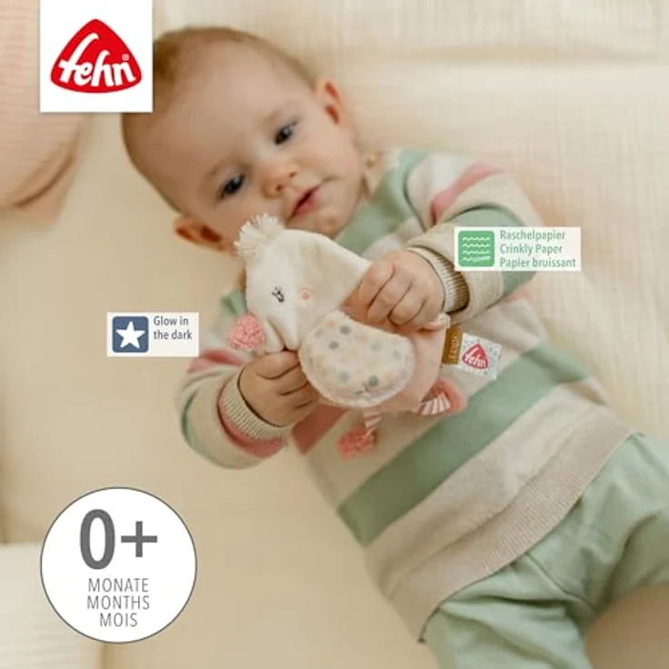 Fehn Greifspielzeug feehnLAND Knister-Vogel, Activity-Rascheltier mit Glow-in-the-dark Bestickung, fördert Sinne & Motorik, für Babys ab 0 Monaten – Bild 3