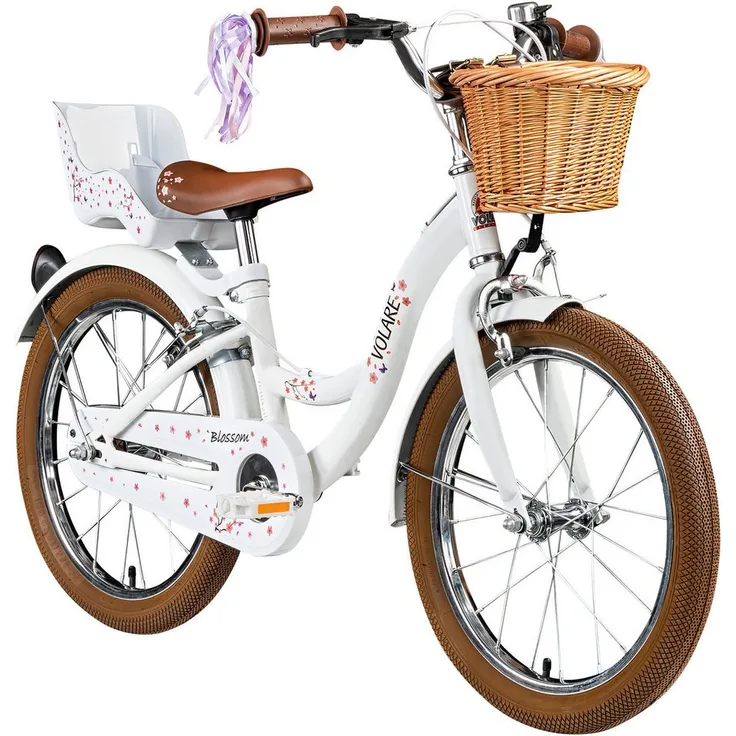 Volare Kinderfahrrad Blossom, 18 Zoll, 1 Gang, ohne Schaltung, für Mädchen 115 - 130 cm ab 5 Jahre, weiß mit Felgenbremsen und Korb
