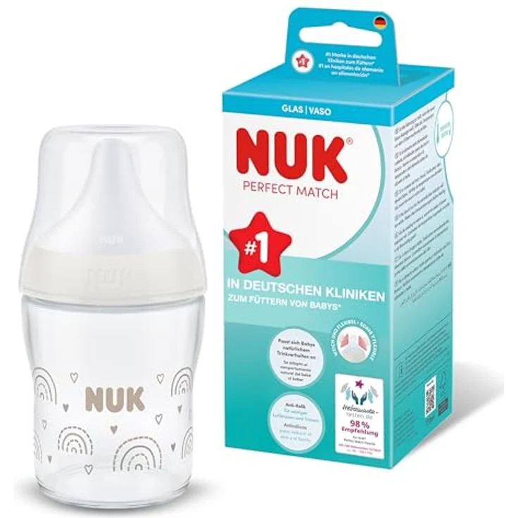 NUK Perfect Match Babyflasche 120 ml, Anti-Kolik-Trinkflasche aus Glas mit Temperature Control Anzeige, Regenbogen, 0+ Monate – Bild 1