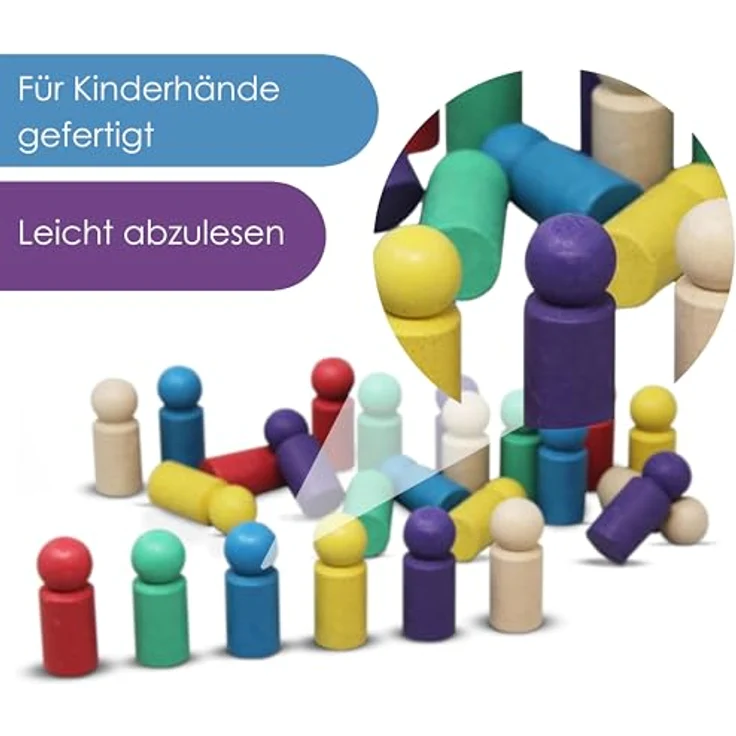 WISSNER 24 XXL-Spielfiguren Set, Öko-Freundliches RE-Wood Material, 6 Farben (Rot, Grün, Blau, Gelb, Lila, Natur), PEFC Zertifiziert, Ideal für Lern- und Brettspiele – Bild 4