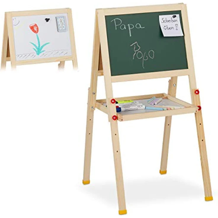 relaxdays Standtafel Kinder mit Whiteboard, höhenverstellbar, beidseitig nutzbar, natur/weiß/grün – Bild 1