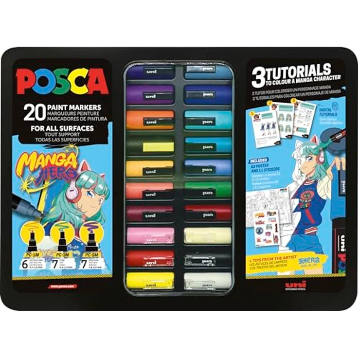 Posca Marker Set Manga Hero, 20-tlg. in Metallbox, 2.50 mm, wasserbasierte Pigmenttinte, drei Spitzenarten – Bild 1