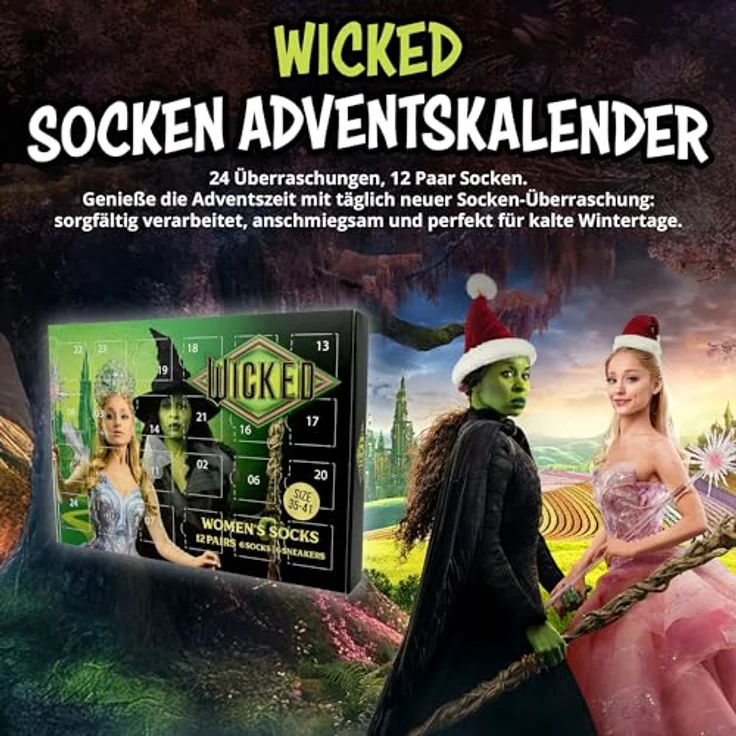 United Labels Wicked Adventskalender, 12 Paar Damen-Socken Größe 35-41, Sneaker und lange Socken mit ikonischen Designs, offizielles Merchandise aus dem Kinohit – Bild 2