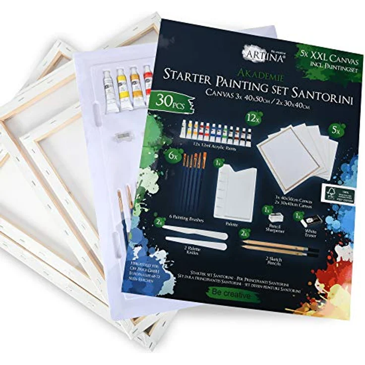 Artina Santorini 30tlg Keilrahmen & Acrylfarben Set, inkl. 5 Leinwänden (40x50cm & 30x40cm), 12x 12ml Acrylfarben, Pinselset, Zubehör für Einsteiger & Hobbykünstler – Bild 2