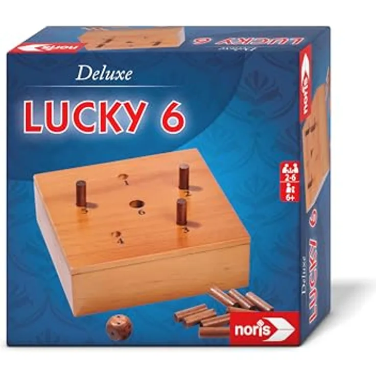 Noris 606102046 - Deluxe Lucky 6 Würfelspiel in hochwertiger Holz-Ausstattung, Spiele-Klassiker Super Six für Erwachsene und Kinder, 2-6 Spieler, ca. 20 Min. Spiel-Dauer