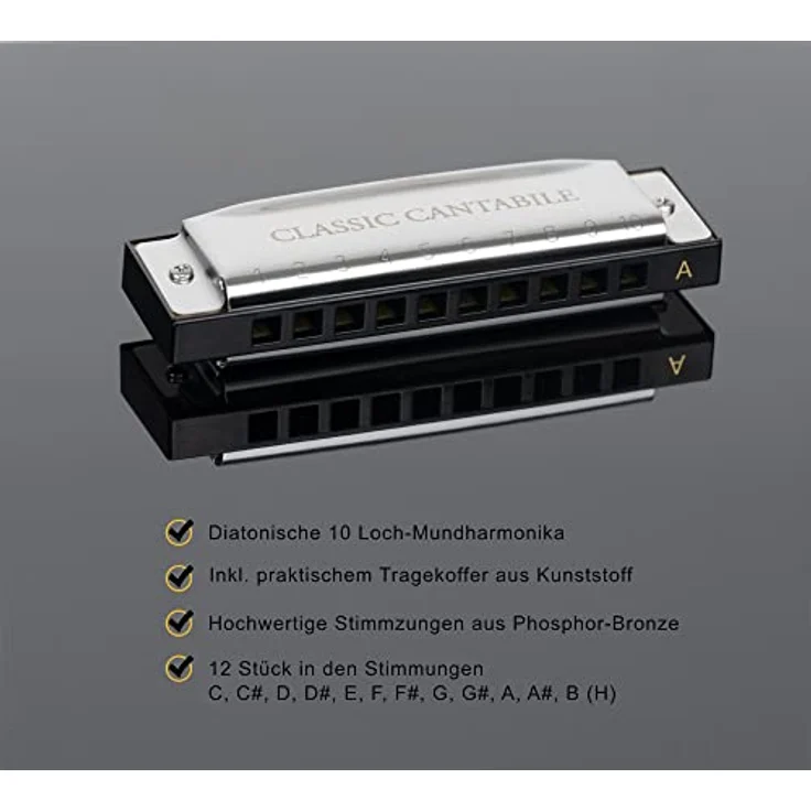 Classic Cantabile AHBS-12 Alabama Blues Harmonica 12er Mundharmonika Set - Diatonische Mundharmonikas in verschiedenen Stimmungen - 10 Messing Stimmzungen - Edelstahl-Gehäuse - Inkl. Etui & Tuch - Robustes Edelstahl-Gehäuse & kräftiger Blues-Sound – Bild 3