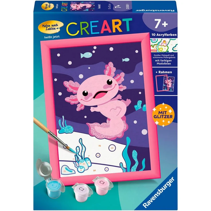 Ravensburger Malen nach Zahlen CreArt, Axolotl, Made in Europe, Malset mit farbigen Motivlinien, 10 Acrylfarben, für Kinder ab 7 Jahren – Bild 1