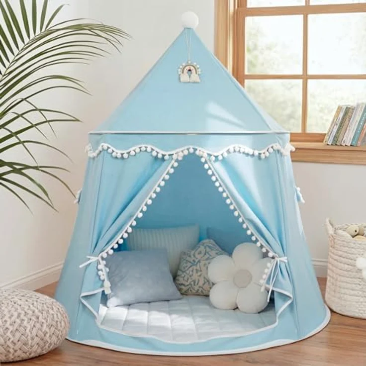 LIONHERZ® DAS ORIGINAL Spielzelt Prinzenschloss, atmungsaktiv aus Baumwolle&Hanf, himmelblau mit Zubehör, Fiberglasstangen, Tasche und Matte für Indoor-Nutzung – Bild 1