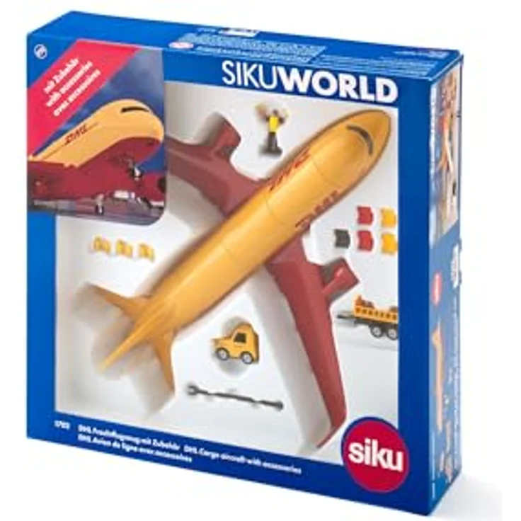 Siku 1702, DHL Frachtflugzeug mit Zubehör, Metall/Kunststoff, Spielzeug-Modell, Rot/Gelb – Bild 4