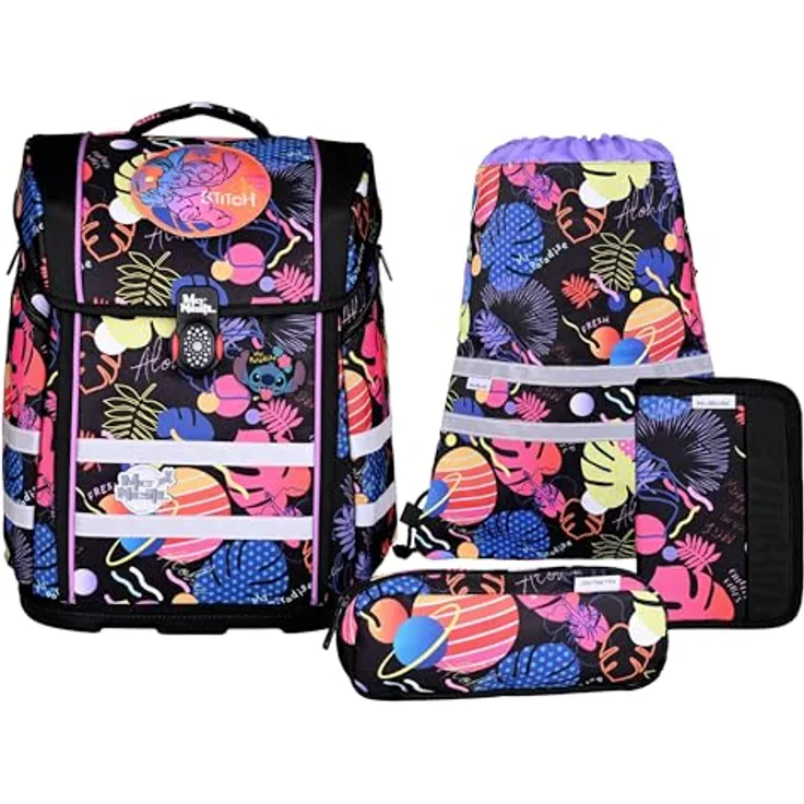 McNeill Schulranzen Perfecto Disney, 8-teiliges Set in bunt mit Stitch Black Design, großes Hauptfach, gepolsterte Träger, robustes Material
