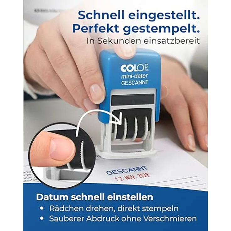 COLOP Stempel Datumstempel mit Text selbstfärbend blau rot, Mini-Dater S 160/L1 - Lagertextstempel mit Texteingabe – Bild 4
