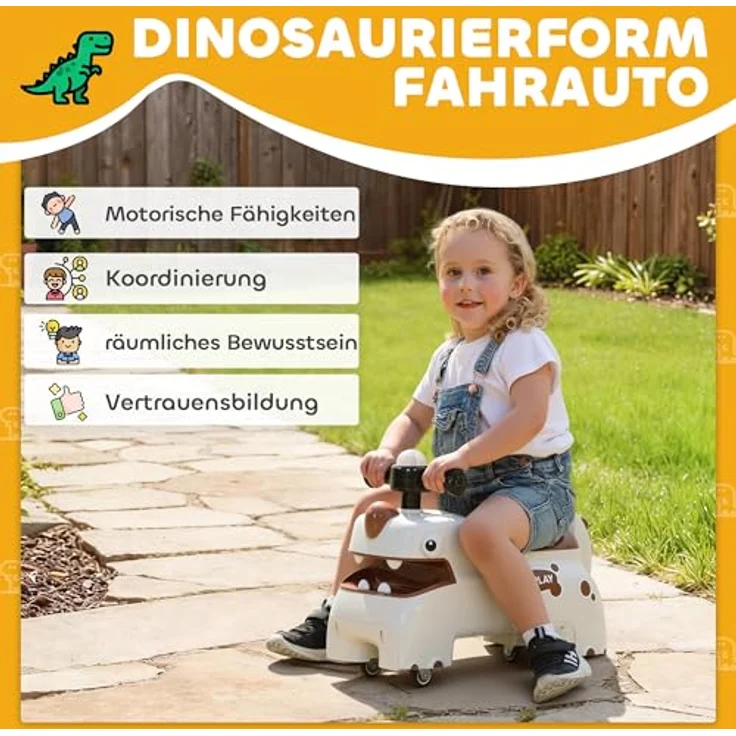 AIYAPLAY Rutschauto Dinosaurier-Design, mit Stauraum, Licht, Musik und Geräuschen, für 18-36 Monate, cremeweiß – Bild 3
