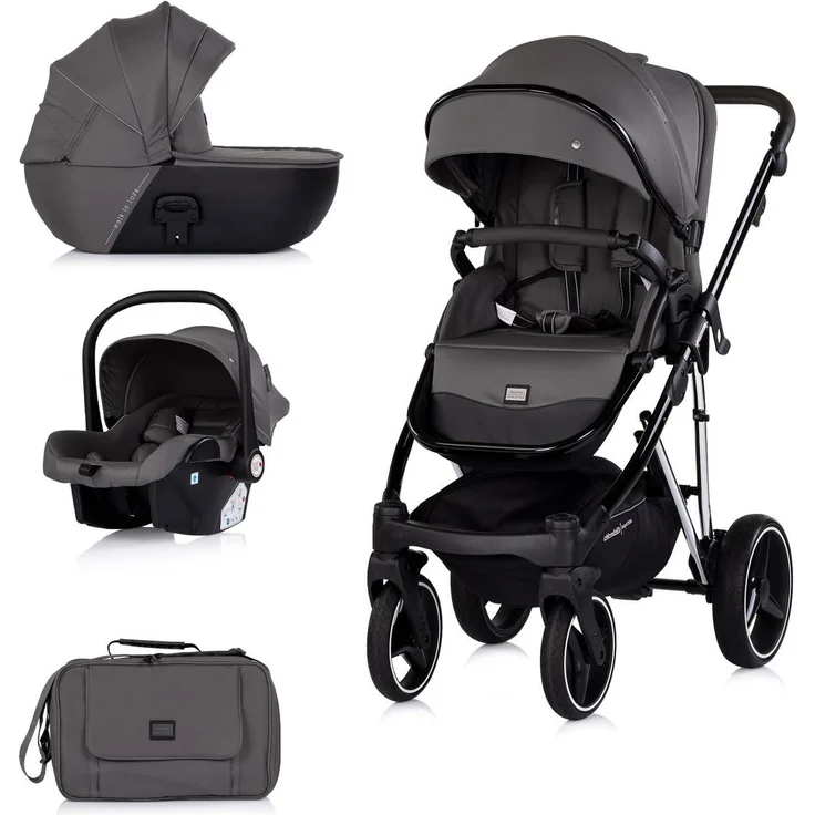 Chipolino Kombikinderwagen 3 in 1 Imperium, mit Babyschale, Babywanne, Tasche und Korb, grau