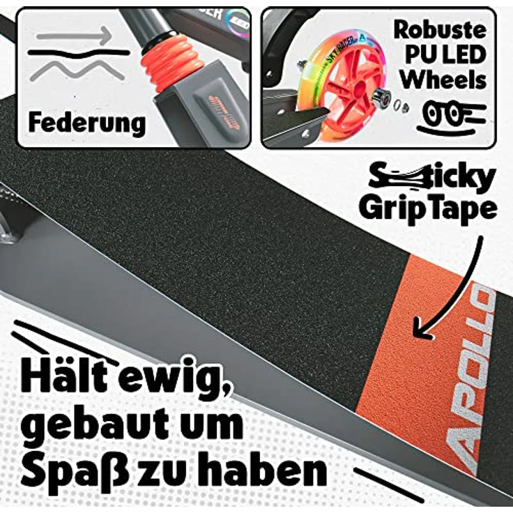 Apollo Scooter LED - Skyracer Led | City Scooter mit Federung | klappbar | Ab 5 Jahren | Cityroller verstellbar - grau/orange – Bild 4