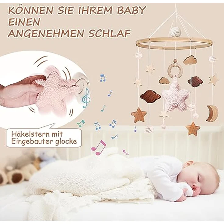 SWECOMZE Mobile Babybett, Baby Spielzeug mit Häkeln Stern, Mond und Wolken, Rosa, aus natürlichen Materialien, für beruhigende Schlafatmosphäre – Bild 4