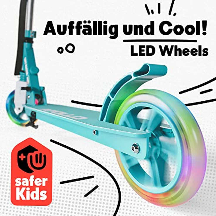 Apollo Skyracer City Roller mit LED Leuchträdern | Roller Kinder 6 Jahre | City Scooter mit Federung | Tretroller für Kinder und Teens | klappbar und höhenverstellbar, türkis – Bild 3